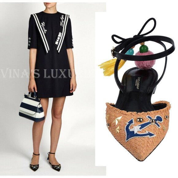 DOLCE & GABBANA SHOES RAFFIA ANCHOR ANKLE WRAP SANDALS MARINA sz IT 36.5 US 6 - Picture 1 of 12